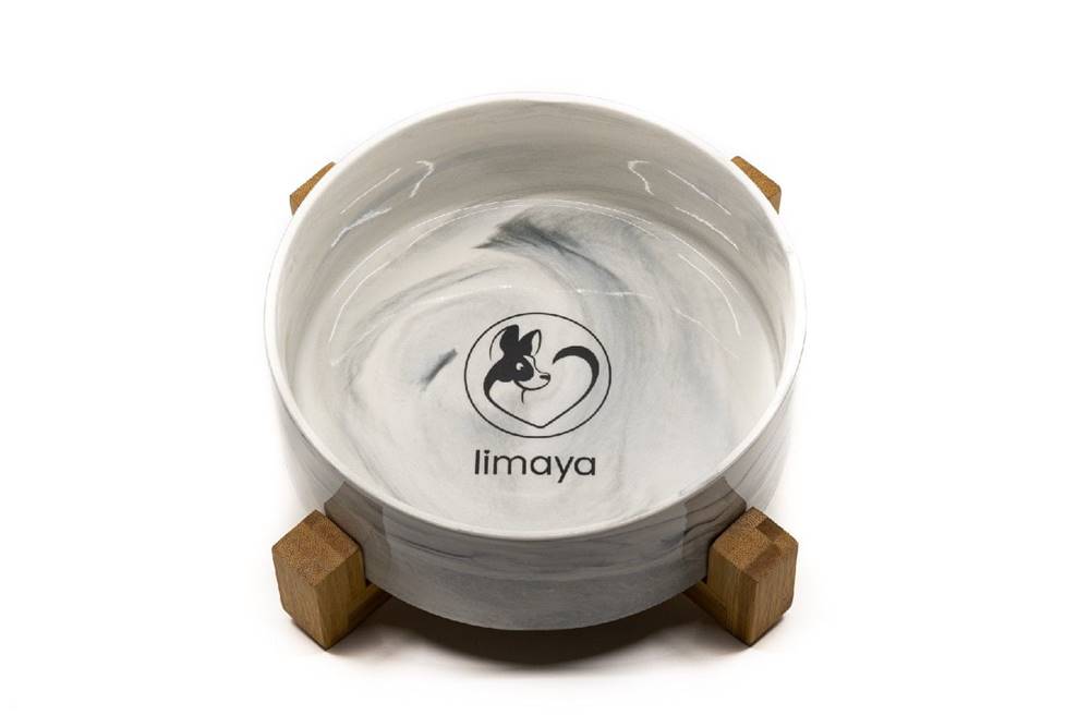 limaya  keramická miska pre psy a mačky žíhaná bielo šedá s dreveným podstavcom 21 cm značky limaya