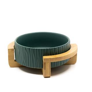 limaya keramická miska pre psy a mačky tmavo zelená štruktúrovaná s dreveným polkruhovým podstavcom 13 cm