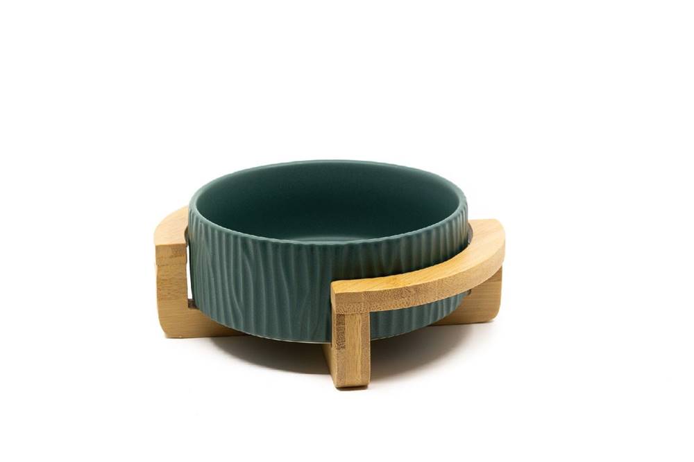limaya  keramická miska pre psy a mačky tmavo zelená štruktúrovaná s dreveným polkruhovým podstavcom 13 cm značky limaya