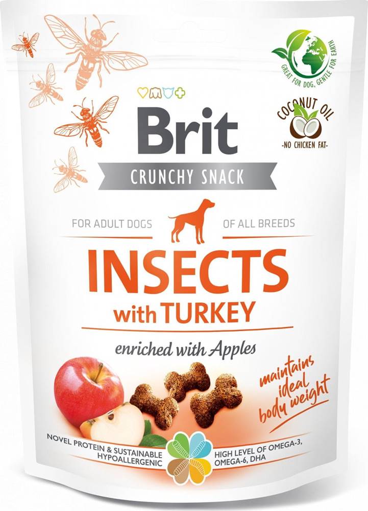 Brit  Funkční křupavé pamlsky s hmyzem a krůtím. Obohaceno o jablka. značky Brit
