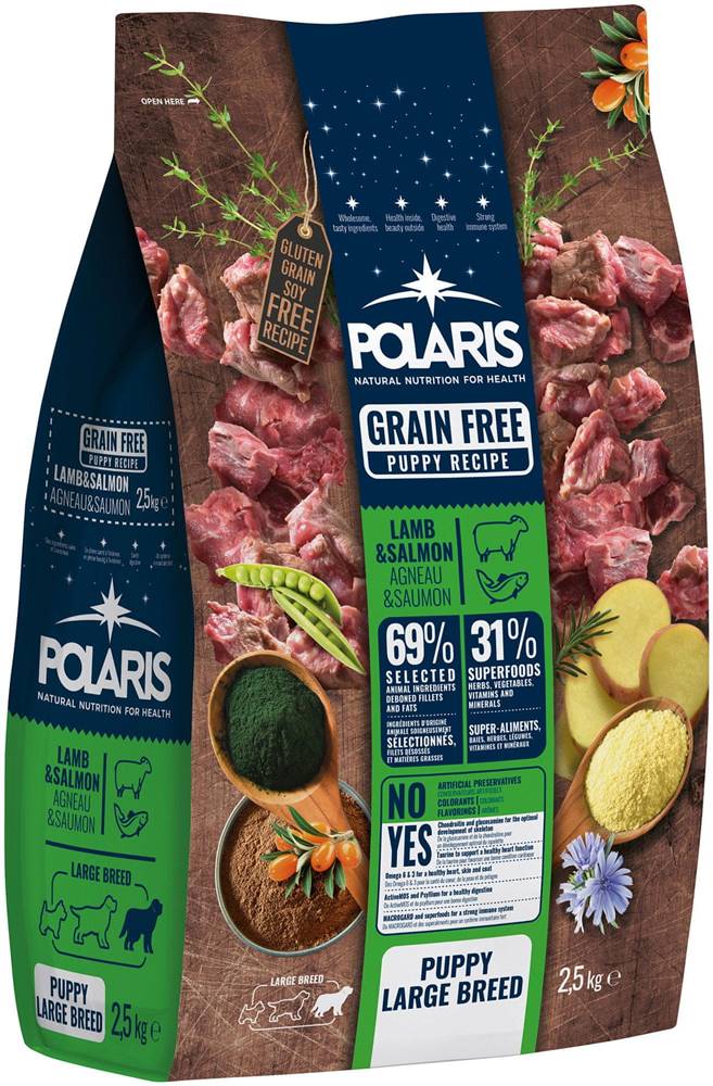 POLARIS  bezobilné granule s čerstvým mäsom Junior Large Breed s jahňacím a lososom 2, 5 kg značky POLARIS