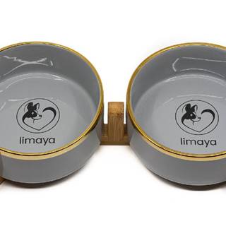 limaya  keramická dvojmiska pre psy a mačky šedá lesklá so zlatým okrajom a dreveným podstavcom 13 cm značky limaya