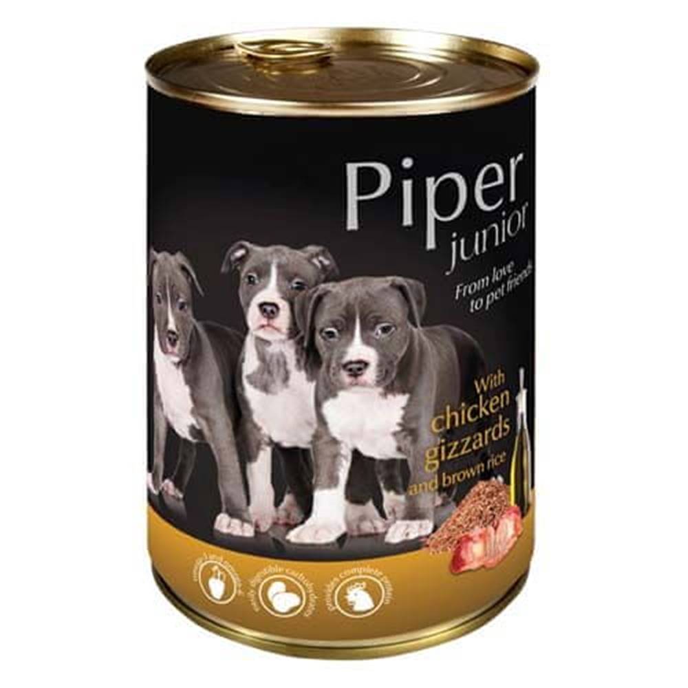 Piper  JUNIOR 400g kuracie žalúdky a hnedá ryža konzerva pre šteniatka značky Piper