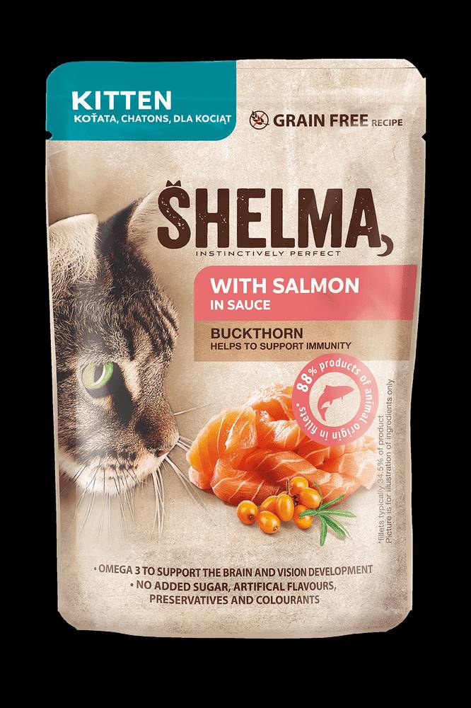SHELMA  Bezobilné dusené filetky pre mačiatka s lososom a rakytníkom 28x85 g značky SHELMA