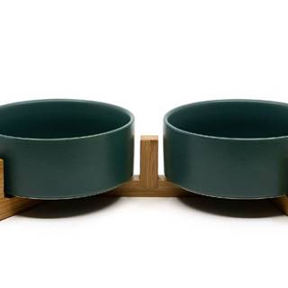 limaya  keramická dvojmiska pre psy a mačky tmavo zelená s dreveným podstavcom 13 cm značky limaya