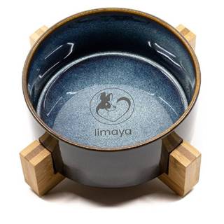 limaya keramická miska pre psy a mačky čierno modrá melírovaná lesklá s dreveným podstavcom 15, 5 cm