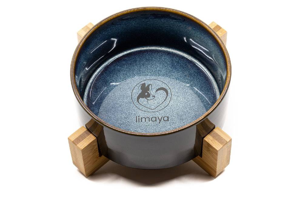 limaya  keramická miska pre psy a mačky čierno modrá melírovaná lesklá s dreveným podstavcom 15, 5 cm značky limaya