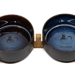 limaya  keramická dvojmiska pre psy a mačky čierno modrá melírovaná s dreveným podstavcom 13 cm značky limaya