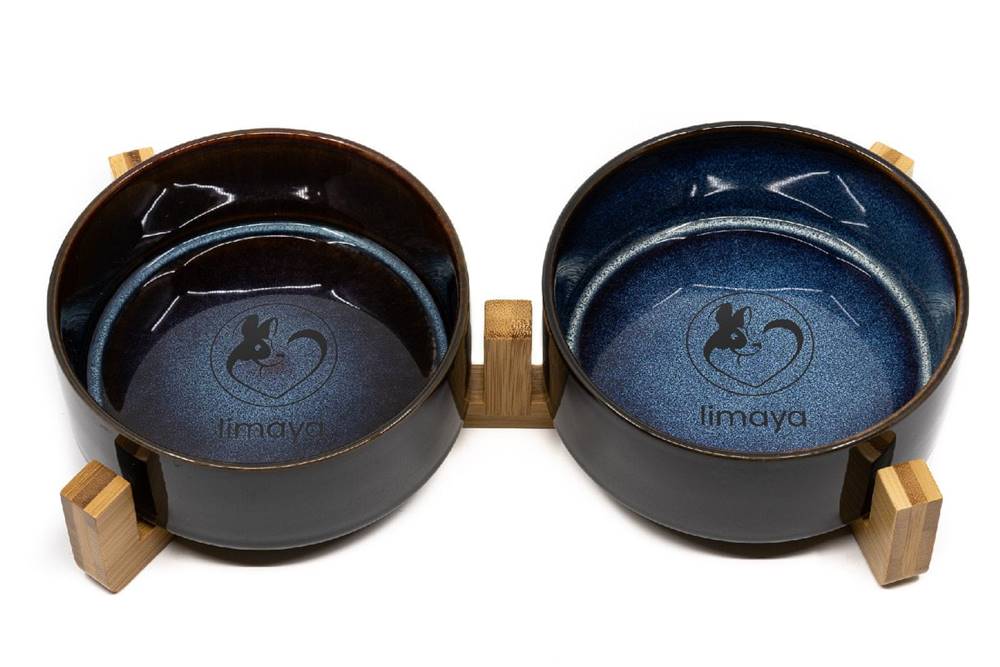 limaya  keramická dvojmiska pre psy a mačky čierno modrá melírovaná s dreveným podstavcom 13 cm značky limaya