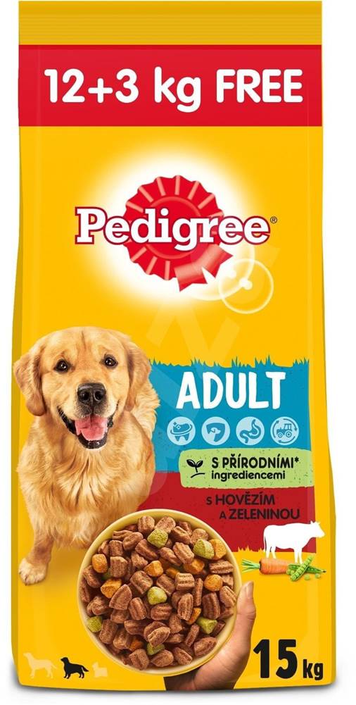 Pedigree  granule s hovädzím so zeleninou pre dospelých psov 12 kg + 3 kg značky Pedigree