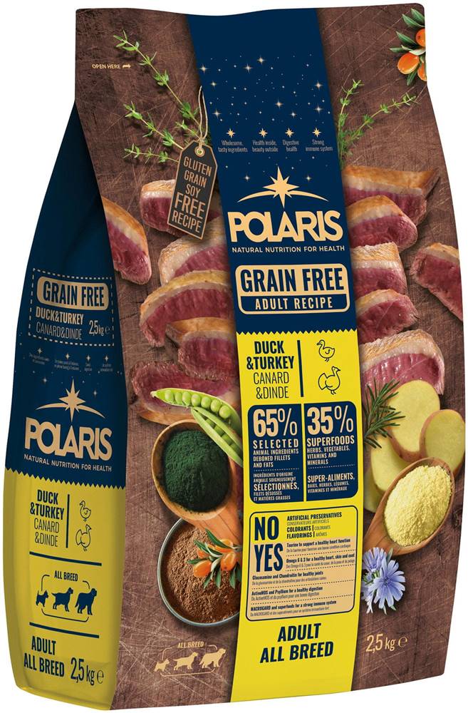 POLARIS  bezobilné granule s čerstvým mäsom Adult s kačacím a morčacím 2, 5 kg značky POLARIS