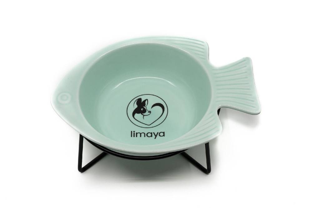 limaya  keramická miska pre psy a mačky v tvare rybky s kovovým podstavcom mentolová značky limaya
