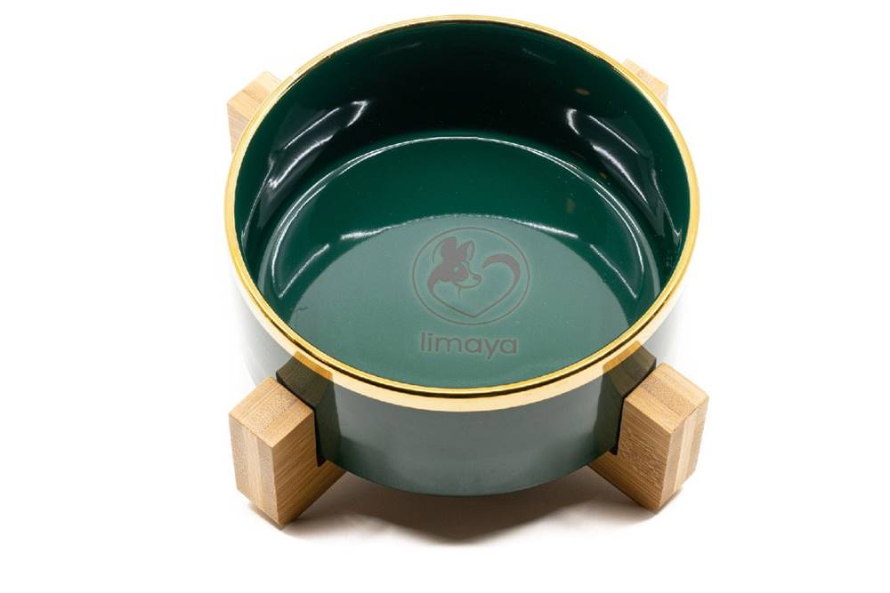 limaya  keramická miska pre psy a mačky tmavo zelená lesklá so zlatým okrajom a dreveným podstavcom 13 cm značky limaya