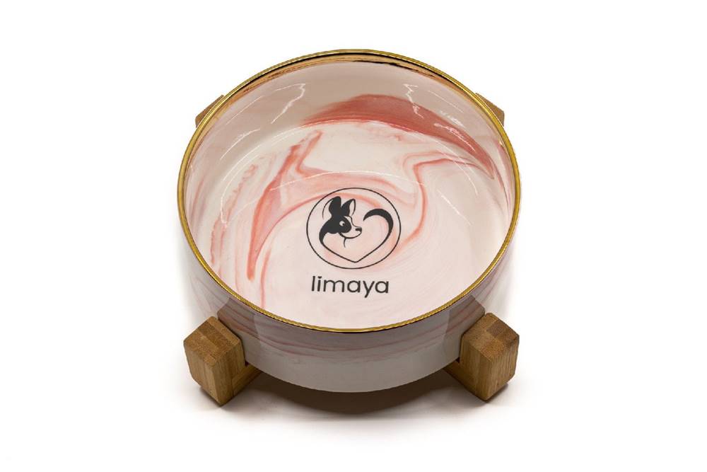 limaya  keramická miska pre psy a mačky žíhaná bielo ružová so zlatým okrajom s dreveným podstavcom 21 cm značky limaya