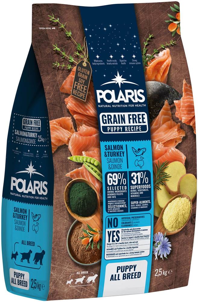 POLARIS  bezobilné granule s čerstvým mäsom Junior All Breed s lososom a morčacím 2, 5 kg značky POLARIS