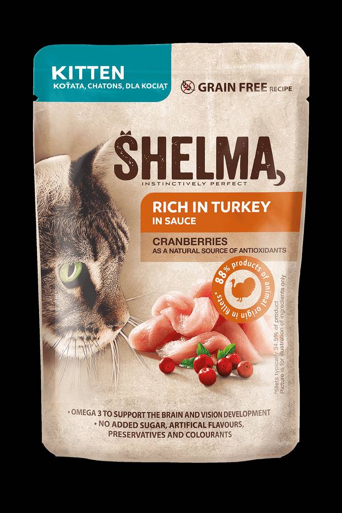 SHELMA  Bezobilné dusené filetky pre mačiatka s morčacím a brusnicami 28x85 g značky SHELMA