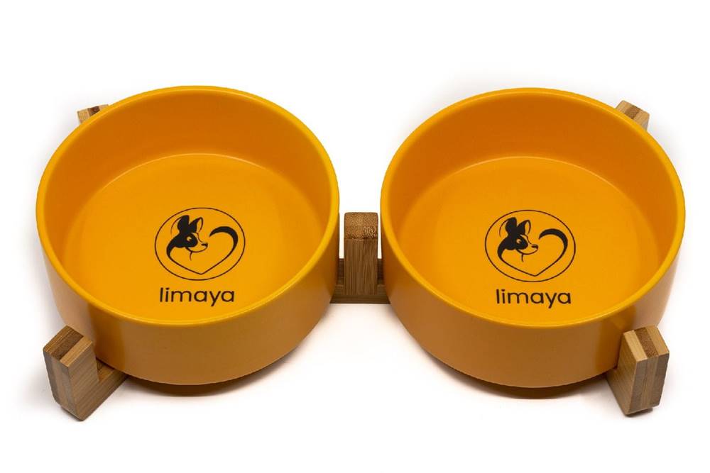 limaya  keramická dvojmiska pre psy a mačky oranžová s dreveným podstavcom 13 cm značky limaya