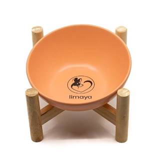 limaya keramická miska pre psy a mačky skosená oranžová s dreveným podstavcom 15 cm