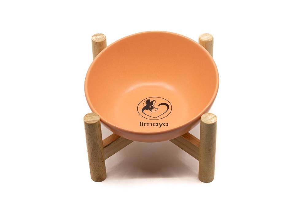 limaya  keramická miska pre psy a mačky skosená oranžová s dreveným podstavcom 15 cm značky limaya