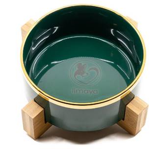 limaya keramická miska pre psy a mačky tmavo zelená lesklá so zlatým okrajom adreveným podstavcom 15, 5 cm