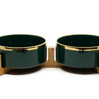 limaya  keramická dvojmiska pre psy a mačky tmavo zelená lesklá so zlatým okrajom a dreveným podstavcom 13 cm značky limaya