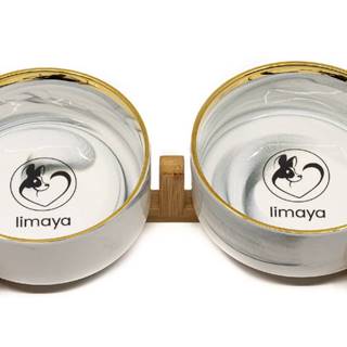limaya  keramická dvojmiska pre psy a mačky žíhaná bielo šedá so zlatým okrajom a dreveným podstavcom 15, 5 cm značky limaya