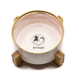 limaya keramická miska pre psy a mačky žíhaná bielo ružová so zlatým okrajom a dreveným podstavcom 15, 5 cm