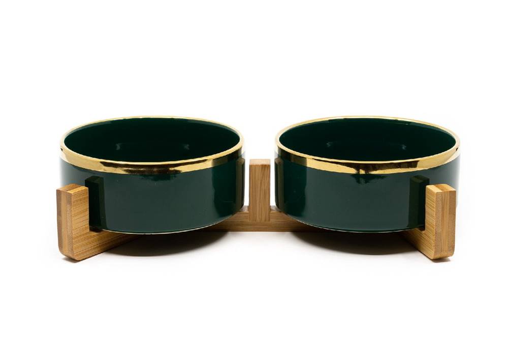 limaya  keramická dvojmiska pre psy a mačky tmavo zelená lesklá so zlatým okrajom a dreveným podstavcom 13 cm značky limaya