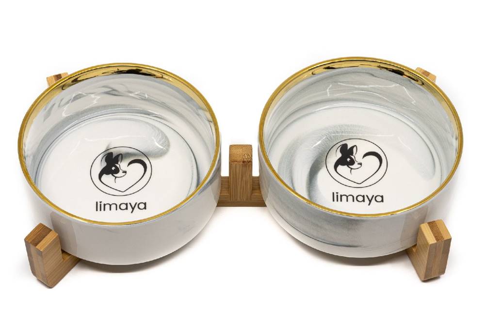 limaya  keramická dvojmiska pre psy a mačky žíhaná bielo šedá so zlatým okrajom a dreveným podstavcom 15, 5 cm značky limaya