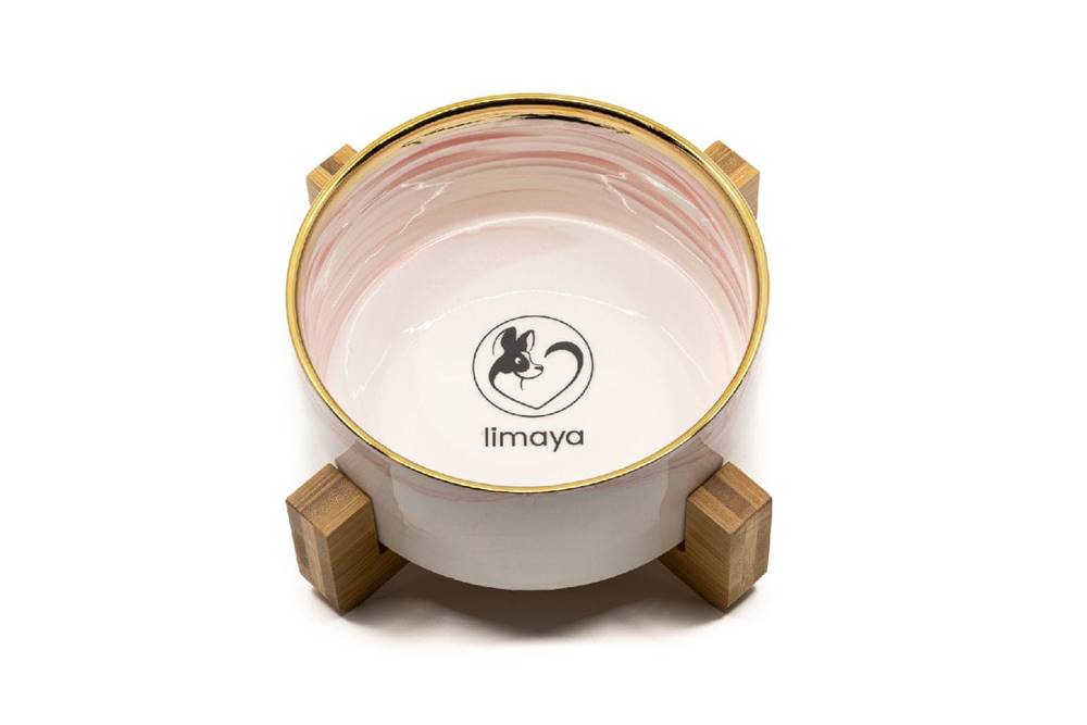 limaya  keramická miska pre psy a mačky žíhaná bielo ružová so zlatým okrajom a dreveným podstavcom 15, 5 cm značky limaya