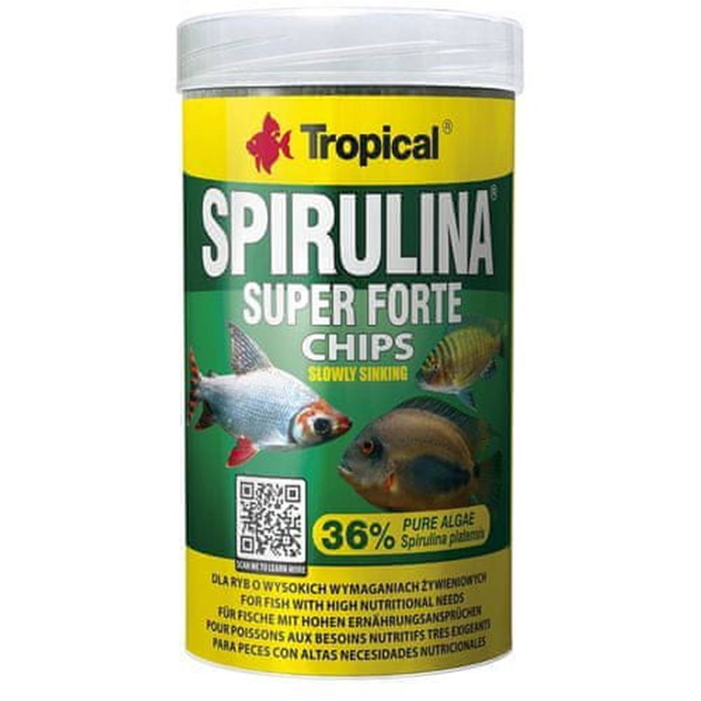 TROPICAL  Super Spirulina Forte Chips 250ml/130g tabletkové krmivo pre ryby so spirulinou značky TROPICAL