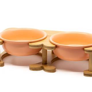 limaya keramická dvojmiska pre psy a mačky s okrajom a dreveným podstavcom oranžová 17, 8 cm