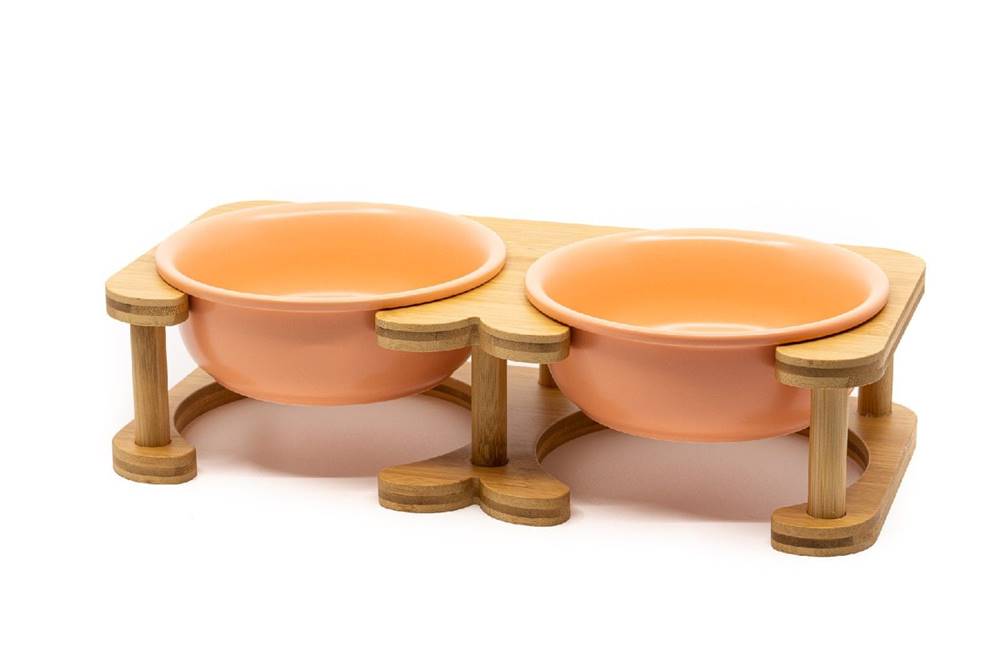 limaya  keramická dvojmiska pre psy a mačky s okrajom a dreveným podstavcom oranžová 17, 8 cm značky limaya